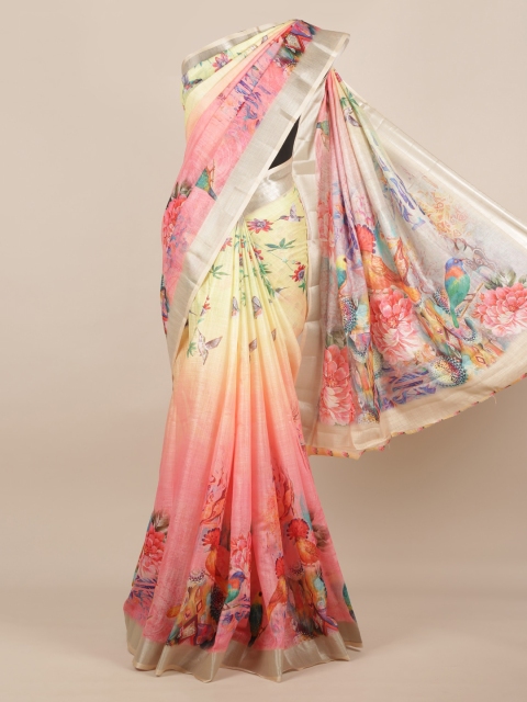 

Pothys Pink & Cream-Coloured Linen Blend Printed Saree