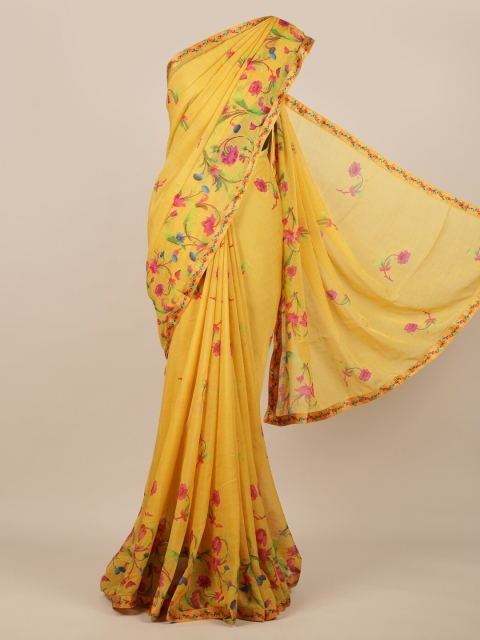 

Pothys Yellow & Pink Poly Chiffon Floral Printed Saree