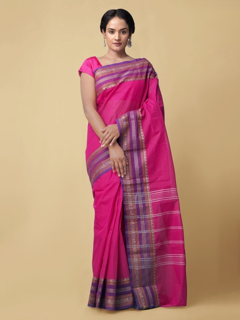 

Unnati Silks Pink & Blue Pure Cotton Solid Handcrafted Chettinad Saree
