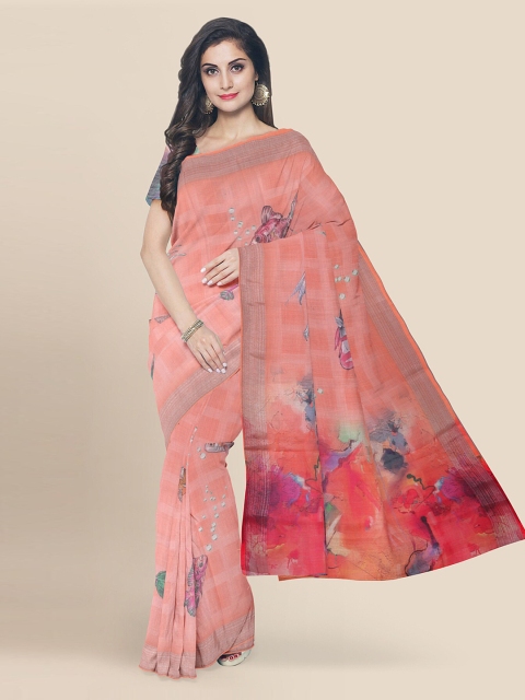 

KLM Fashion Mall Coral Linen Blend Printed Banarasi Saree