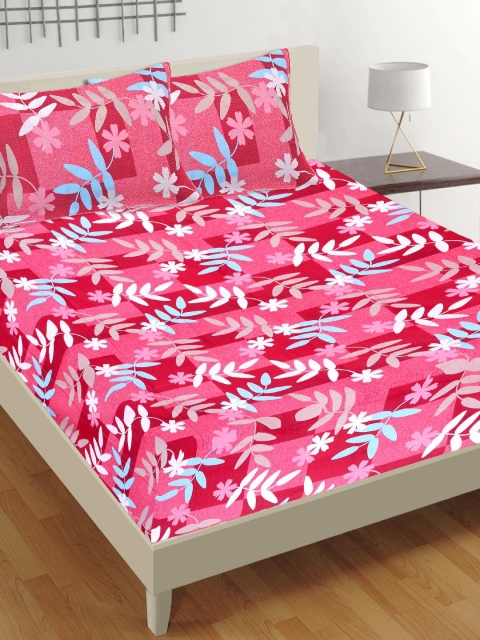 Tistabene Red & Blue Floral 180 TC Cotton 1 King Bedsheet with 2 Pillow Covers
