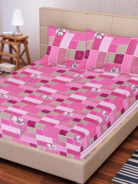 

Tistabene Pink & White Abstract 180 TC Cotton 1 King Bedsheet with 2 Pillow Covers