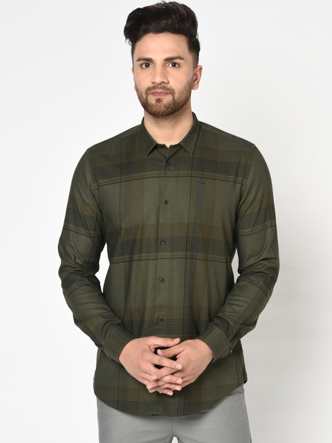 

Blackberrys Men Olive Green Skinny Fit Checked Casual Shirt