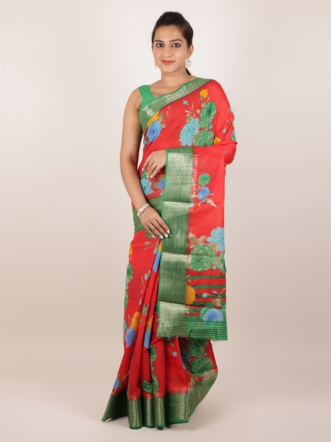 

Pothys Red Floral Printed Jute Silk Saree