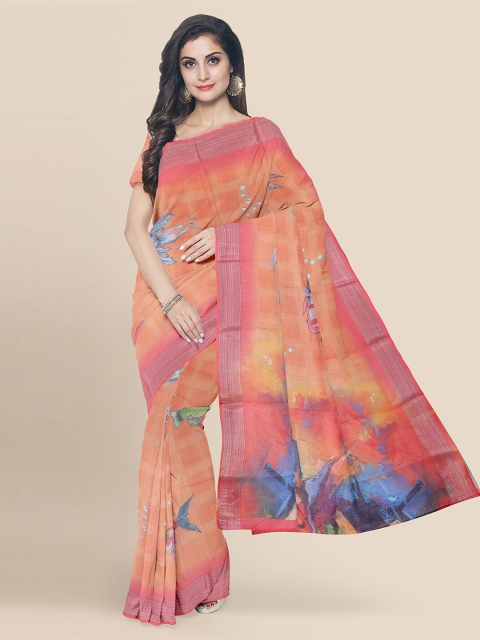 

KLM Fashion Mall Coral Linen Blend Printed Banarasi Saree