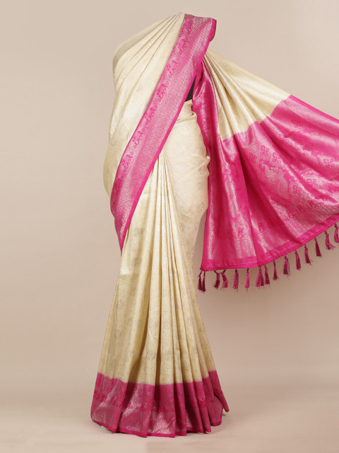 

Pothys Cream-Coloured & Pink Jute Silk Woven Design Saree