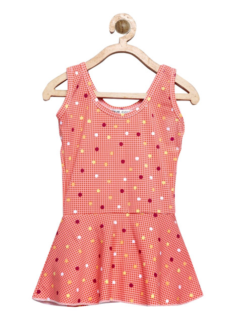 

CUKOO Girls Peach-Coloured & Red Polka Dot Printed Swimming Dress With Attached Shorts