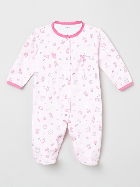 

max Girls White & Pink Pure Cotton Printed Sleepsuit