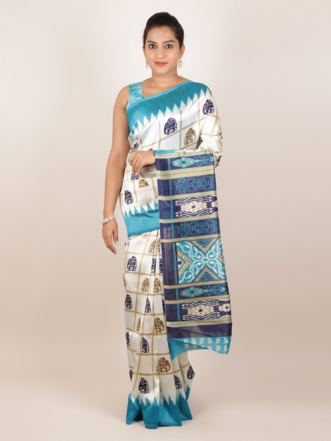 

Pothys White & Blue Jute Silk Printed Saree