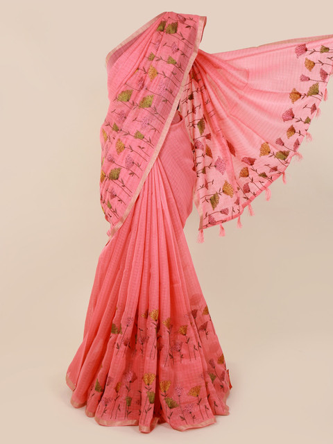 

Pothys Pink Checked Cotton Blend Saree With Tasseled Pallu