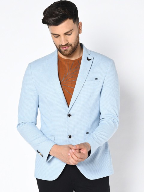 

Blackberrys Men Blue & White Checked Slim-Fit Single-Breasted Casual Blazer