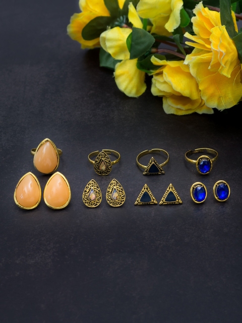 Golden Peacock Set of 4 Gold-Plated Stone Studded Rings With 4 Pair Earrings