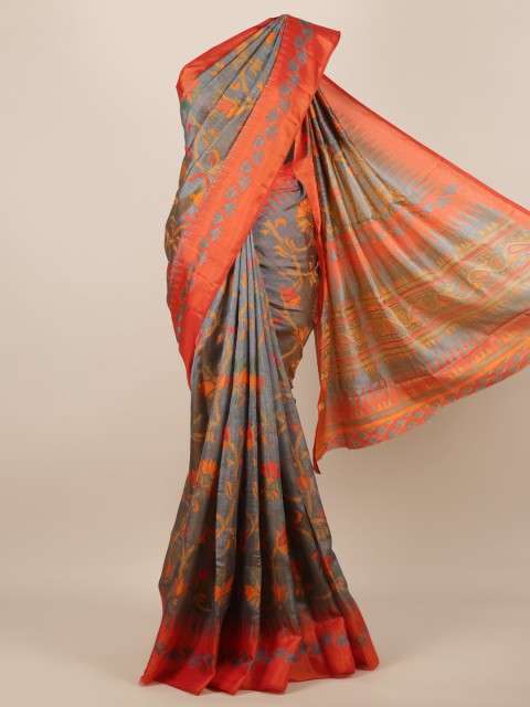 

Pothys Grey Floral Printed Jute Silk Saree