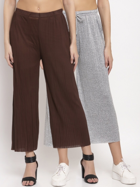

KLOTTHE Women Pack Of 2 Wide Leg Palazzos, Grey melange