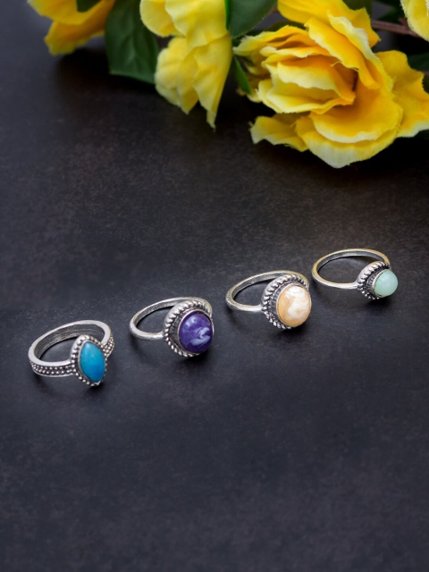 

Golden Peacock Set Of 4 Oxidised Silver-Plated Stone-Studded Finger Rings