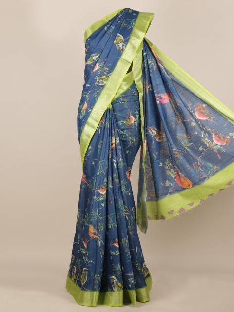 

Pothys Blue & Green Linen Blend Printed Saree