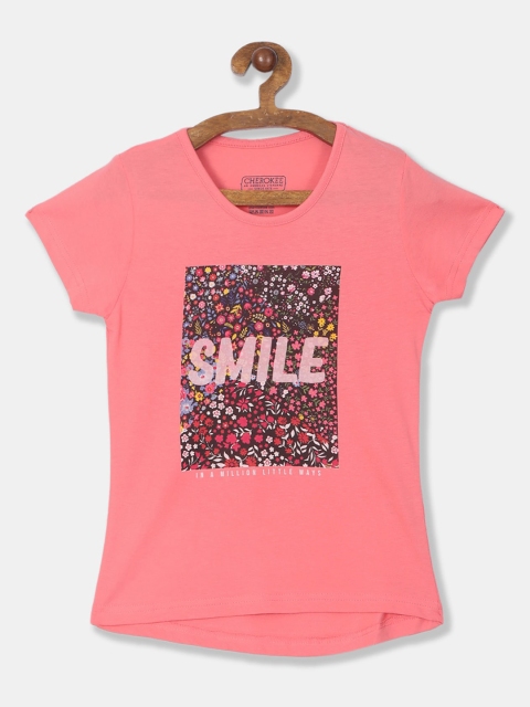 

Cherokee Girls Peach-Coloured & Grey Printed Round Neck T-shirt