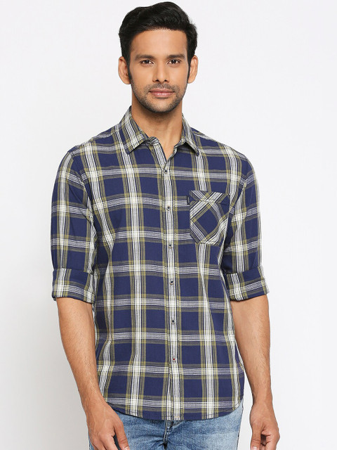 

Mufti Men Navy Blue Slim Fit Checked Casual Shirt