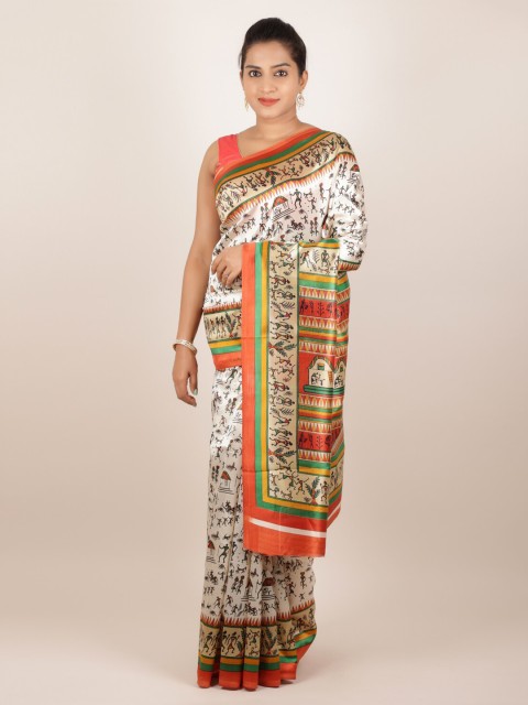 

Pothys White Printed Jute Silk Saree