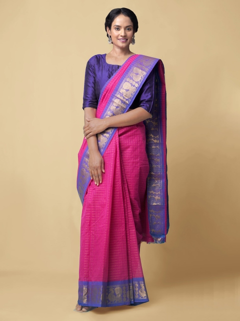 

Unnati Silks Pink Pure Cotton Checked Handcrafted Mysore Silk Saree