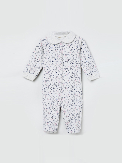 

max Infant Boys White & Blue Cotton Cat Face Printed Rompers