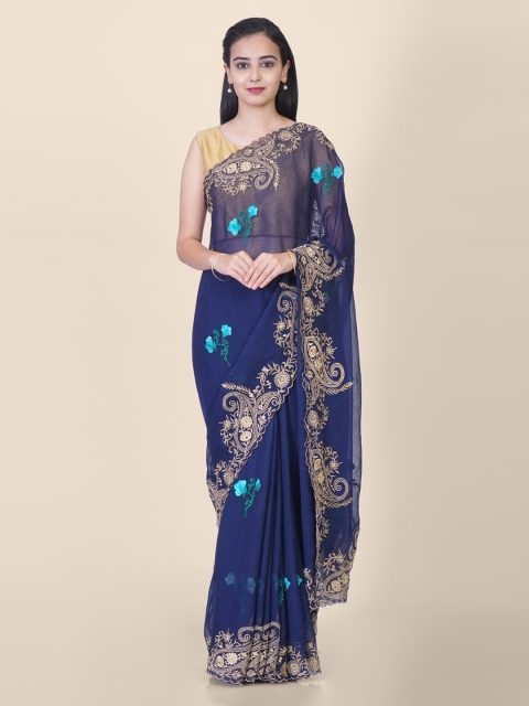 

Hastakala Navy Blue Pure Chiffon Embellished Khadi Saree