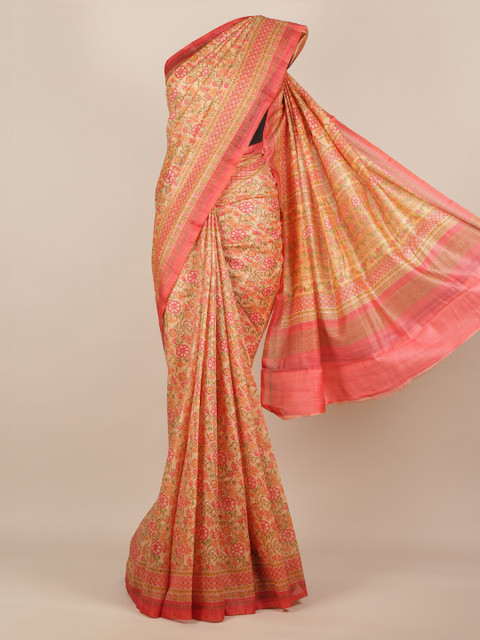 

Pothys Cream-Coloured & Pink Jute Silk Printed Saree
