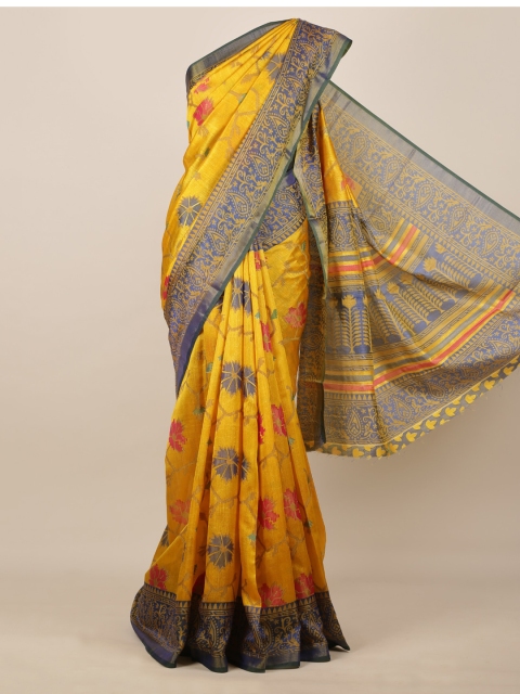 

Pothys Yellow & Blue Jute Silk Printed Saree