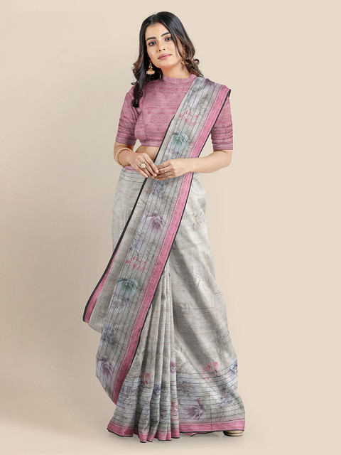 

KLM Fashion Mall Grey Floral Printed Tissue Saree