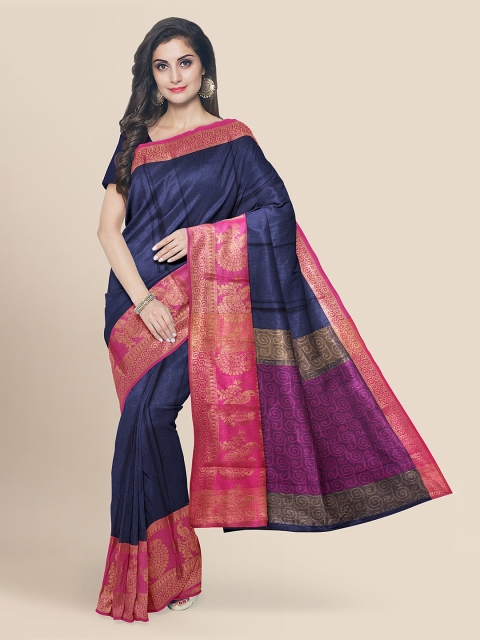 

KLM Fashion Mall Navy Blue Solid Banarasi Saree