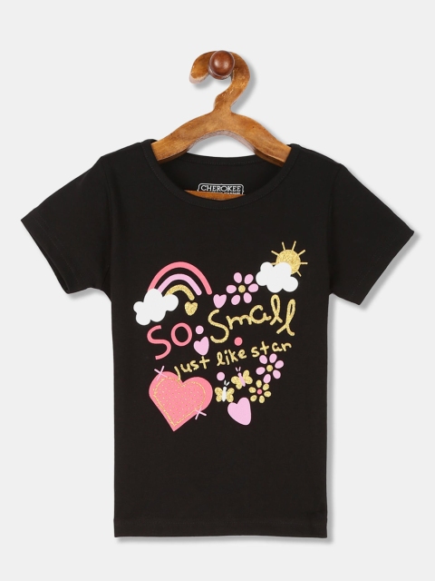 

Cherokee Girls Black & Pink Printed Round Neck T-shirt