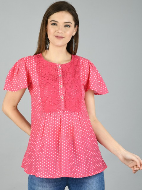 

Myshka Pink & White Polka Dot Printed Lace Inserts Flutter Sleeves A-Line Top