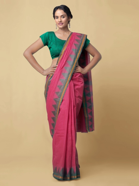 

Unnati Silks Pink Pure Cotton Solid Kanjeevaram Saree