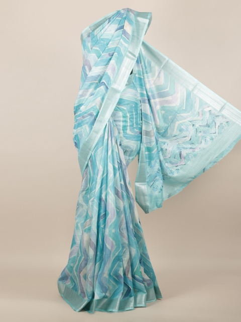 

Pothys Turquoise Blue & Silver-Toned Linen Blend Printed Saree