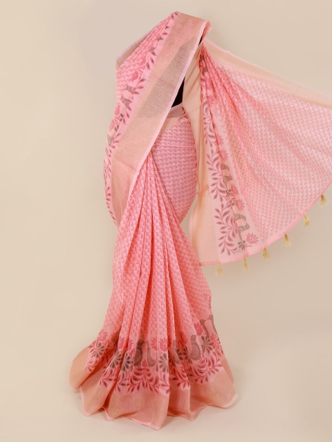 

Pothys Pink Printed Cotton Blend Saree With Tasseled Pallu