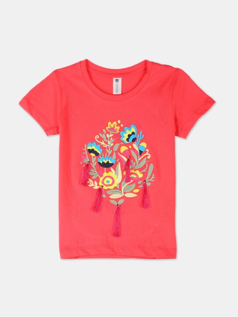 

Cherokee Girls Peach-Coloured Printed Round Neck T-shirt