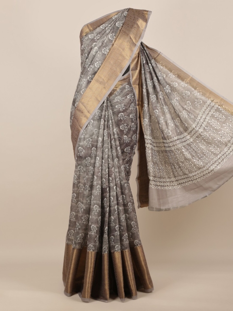 

Pothys Grey & Gold-Toned Jute Silk Printed Saree