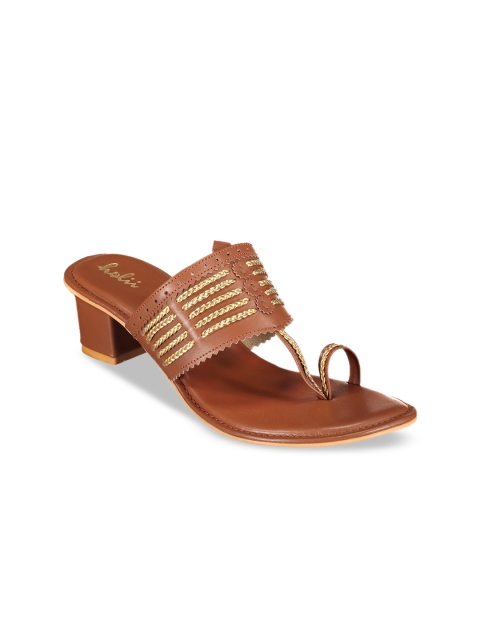 Holii Women Tan Brown & Gold-Toned Leather Embellished Heels