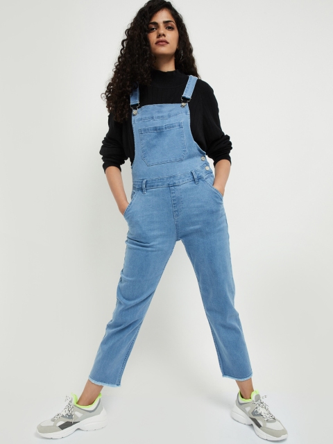 

max Blue Solid Denim Slim-Fit Cropped Dungarees