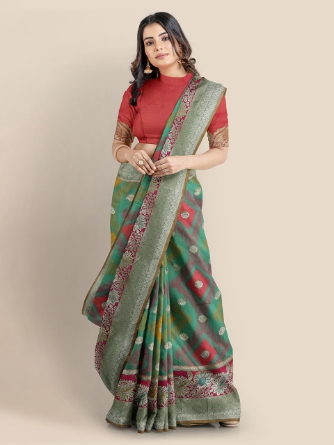 

KLM Fashion Mall Green Silk Blend Woven Design Banarasi Saree