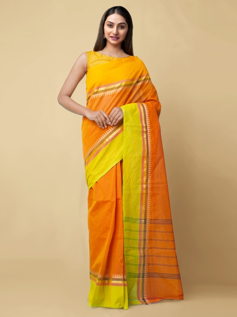 

Unnati Silks Orange & Yellow Pure Cotton Solid Kanjeevaram Saree