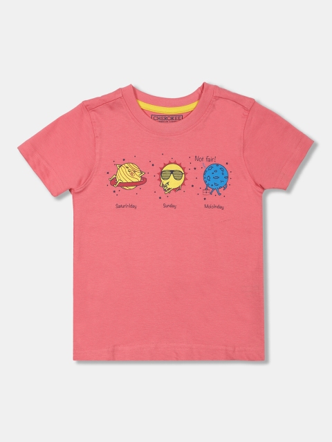

Cherokee Boys Peach-Coloured Printed Round Neck T-shirt