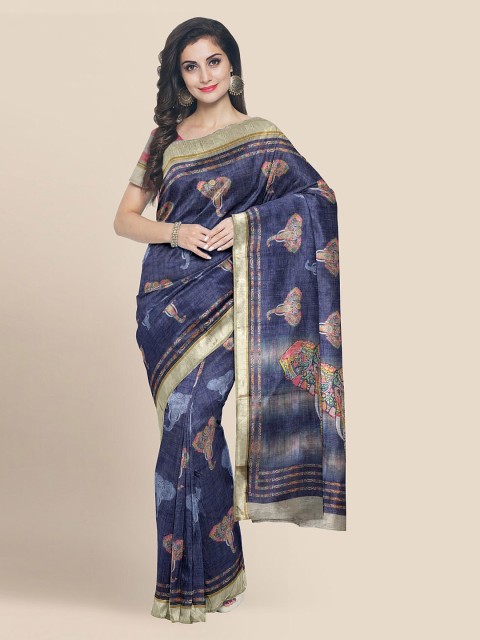 

KLM Fashion Mall Navy Blue Linen Blend Kalamkari Printed Banarasi Saree