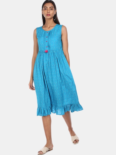 

Karigari Women Blue Printed Viscose Rayon Fit and Flare Dress
