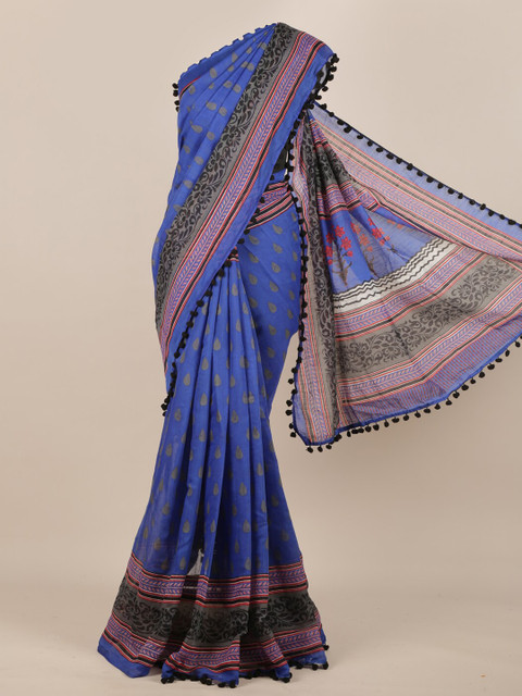 

Pothys Blue Printed Linen Blend Saree