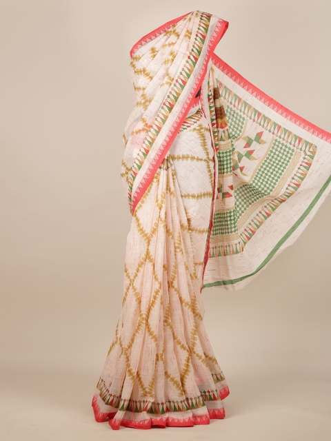 Pothys Beige Printed Linen Blend Saree