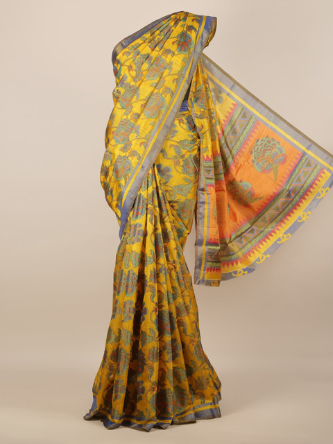 

Pothys Yellow & Grey Jute Silk Printed Saree