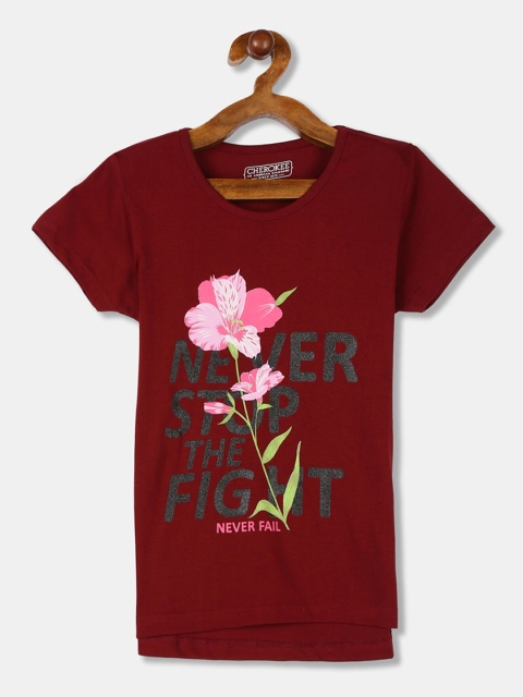 

Cherokee Girls Maroon & Pink Printed Round Neck T-shirt