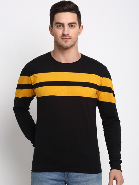 

Friskers Men Black Yellow Striped Round Neck Cotton Pure Cotton T-shirt