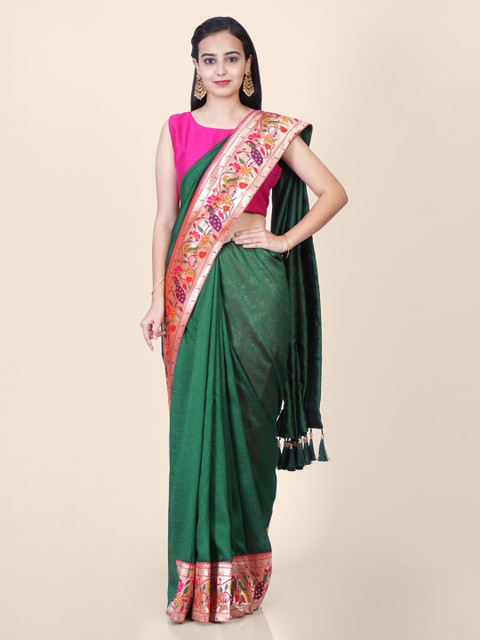 

Hastakala Green Pure Linen Solid Paithani Saree